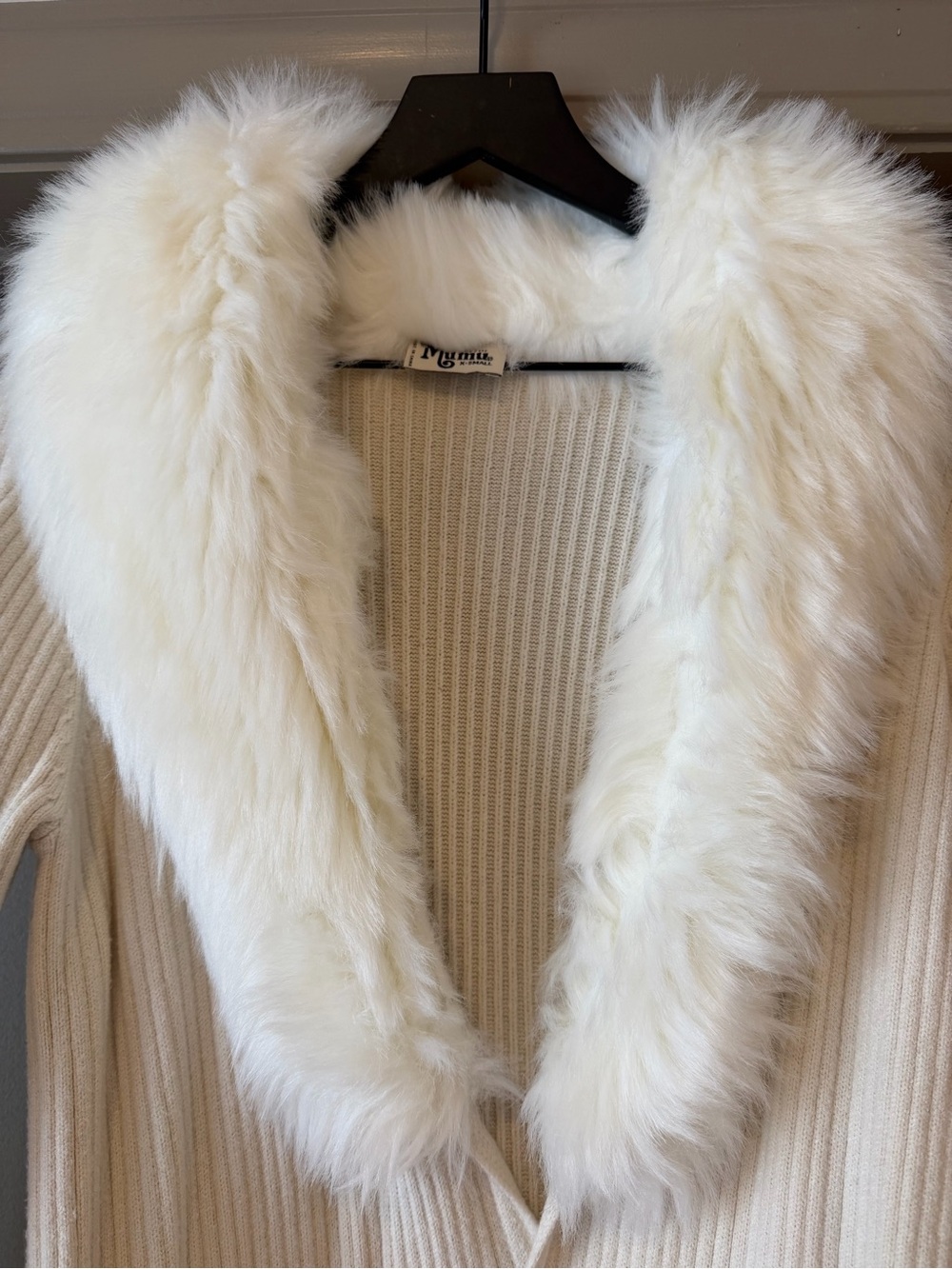 Show Me Your MuMu Cream Ribbed Long Cardigan with Faux Fur Collar - Picture 2 of 8